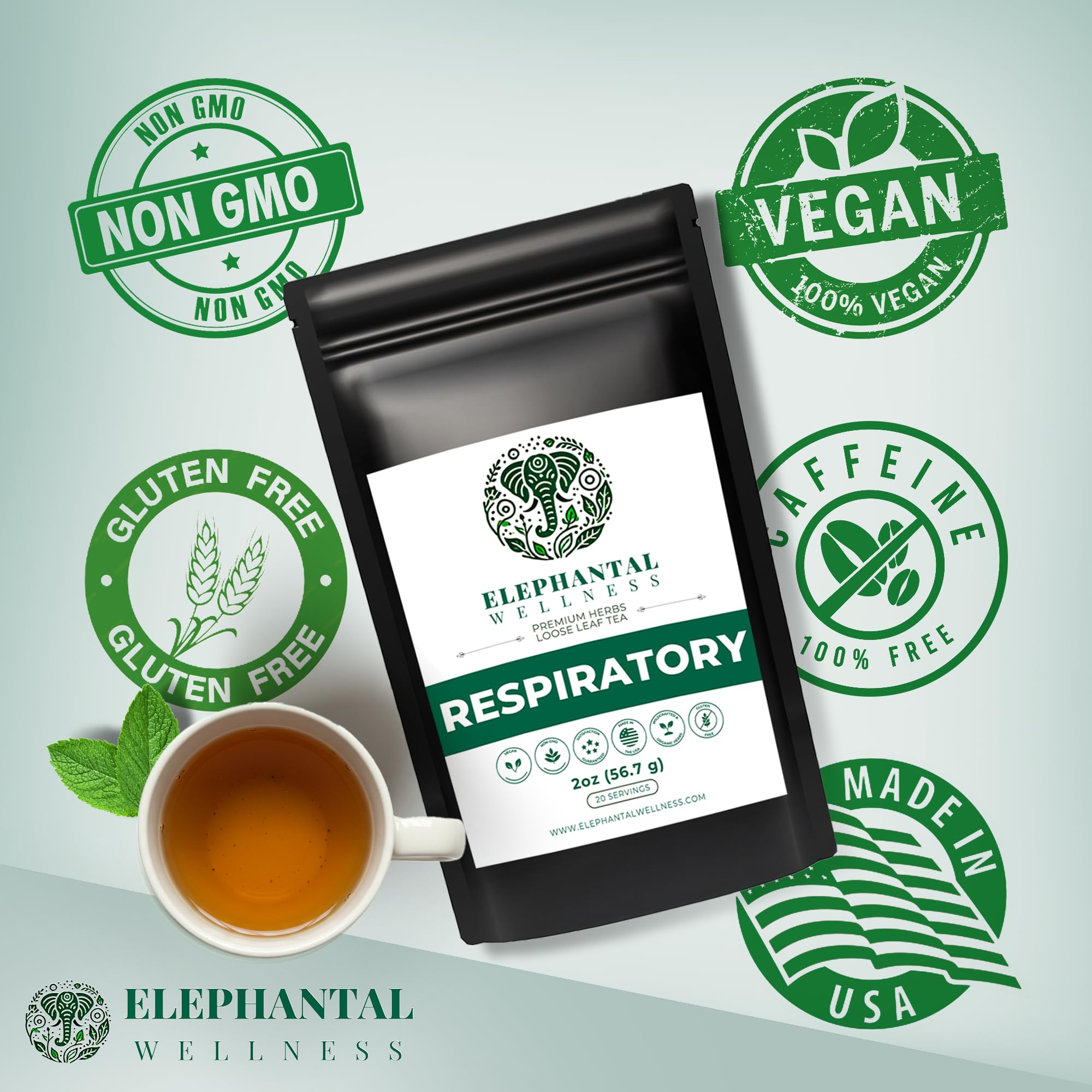 Elephantal Wellness Premium Respiratory Herbal Tea | Lung Detox, Mucus Cleanse & Breathing Support with Mullein, Eucalyptus, Thyme & Lungwort |