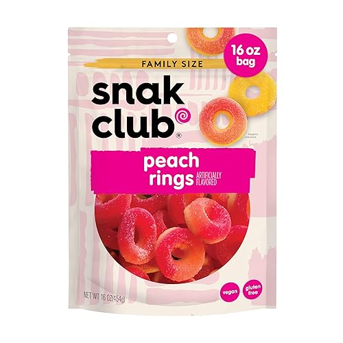 Snak Club Peach Rings Gummy Candy, Fruit Flavored Candy Gummies, Soft and Chewy, Gluten-Free and Vegan Snacks, 16 oz Resealable Bag