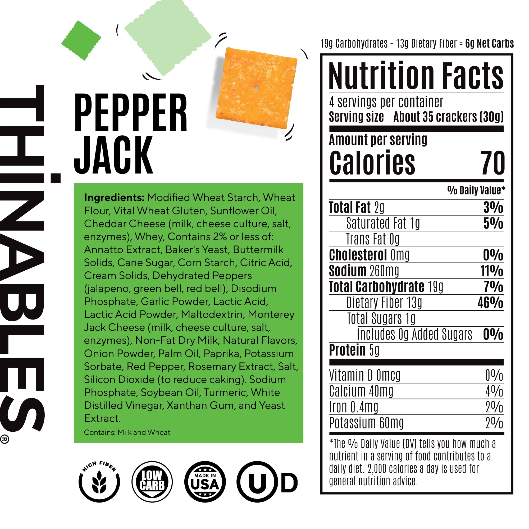 Fiber Gourmet Pepper Jack Thinables Baked Cheese Crackers - Healthy Keto Crackers with 13g Fiber, 5g Protein, 70 Calories, 6g Net Carbs - Kosher Made