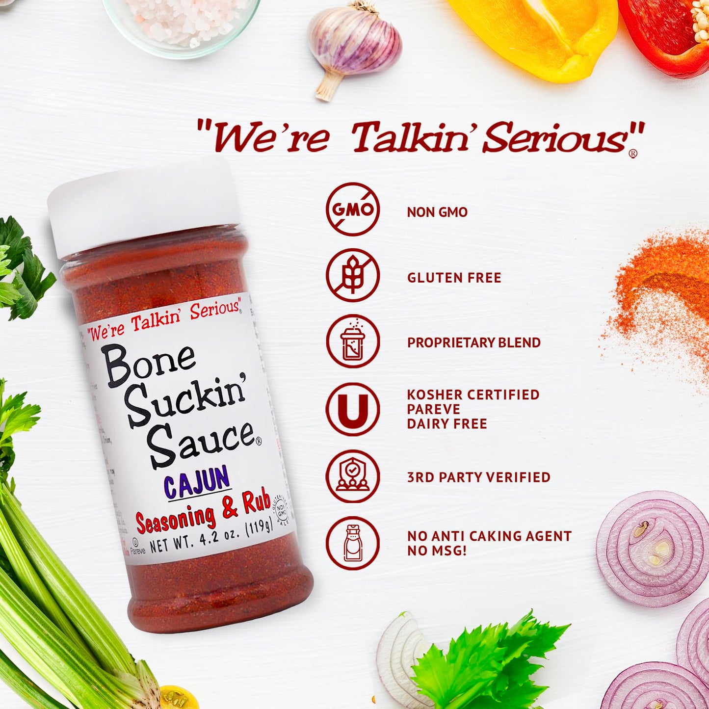 Bone Suckin' Cajun Seasoning & Rub, 4.2 Oz - Gluten-Free, Non-GMO, Kosher, Pareve, & Sugar Free. No Anti Caking Agent & No MSG!