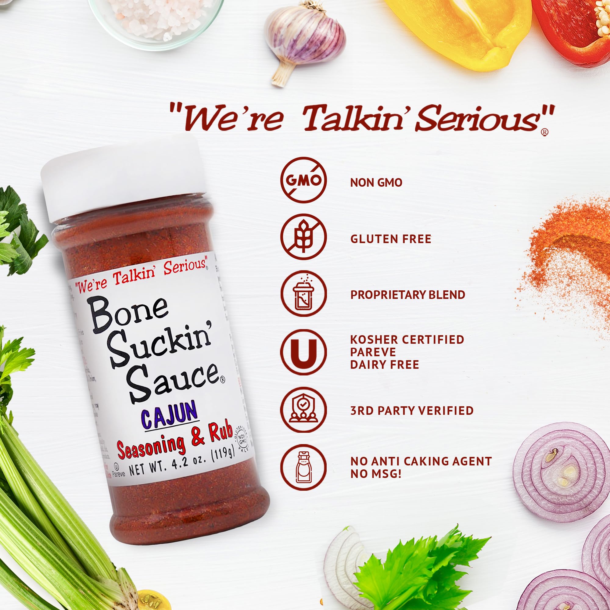 Bone Suckin' Cajun Seasoning & Rub, 4.2 Oz - Gluten-Free, Non-GMO, Kosher, Pareve, & Sugar Free. No Anti Caking Agent & No MSG!