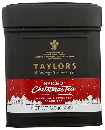 Taylors of Harrogate Spiced Christmas, Holiday Black Tea, Loose Leaf, 4.41 Ounce Tin Caddy, Deep, Festive and Spiced, Caffeinated, Premium Whole Leaf