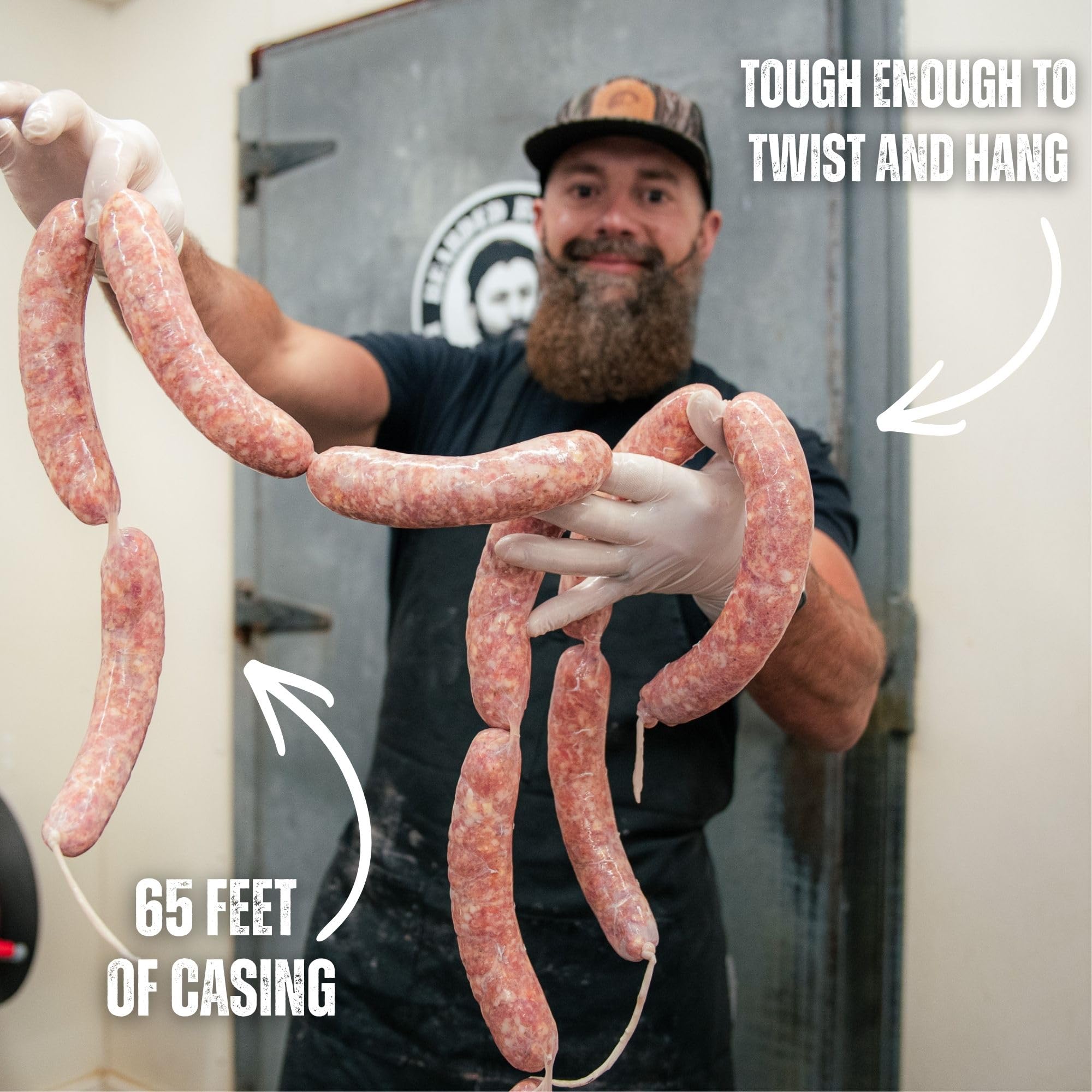Bearded Butchers Natural Hog Casings 32-35mm - Pre-Flushed, Edible Sausage Casing for 25-30 lbs of Meat - Resealable Bag for Easy Storage - Bratwurst