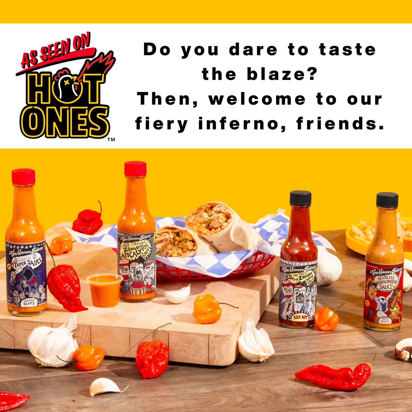 Torchbearer Hot Ones Variety Hot Sauce 4 pack, 5oz - Garlic Reaper, Son Of Zombie, Zombie Apocalypse, Headless Horseradish