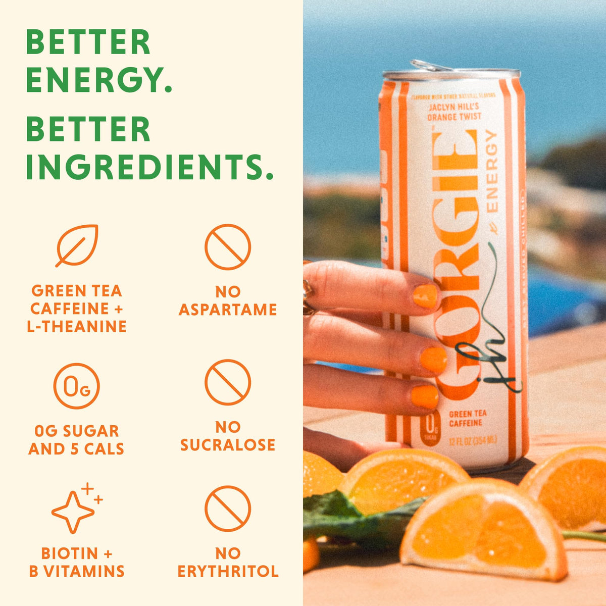 GORGIE Orange Twist Sugar Free Energy Drink, Green Tea, 12 Pack