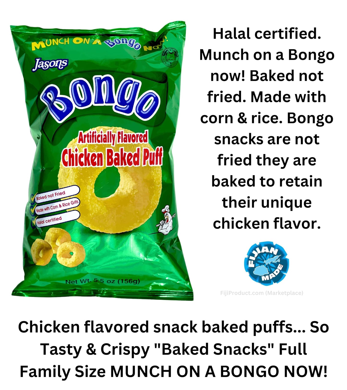 Jasons Bongo - Chicken Flavor Snacks (Value Pack Of 6 x 156g Ea) Baked Puffs ... From FIJI Islands