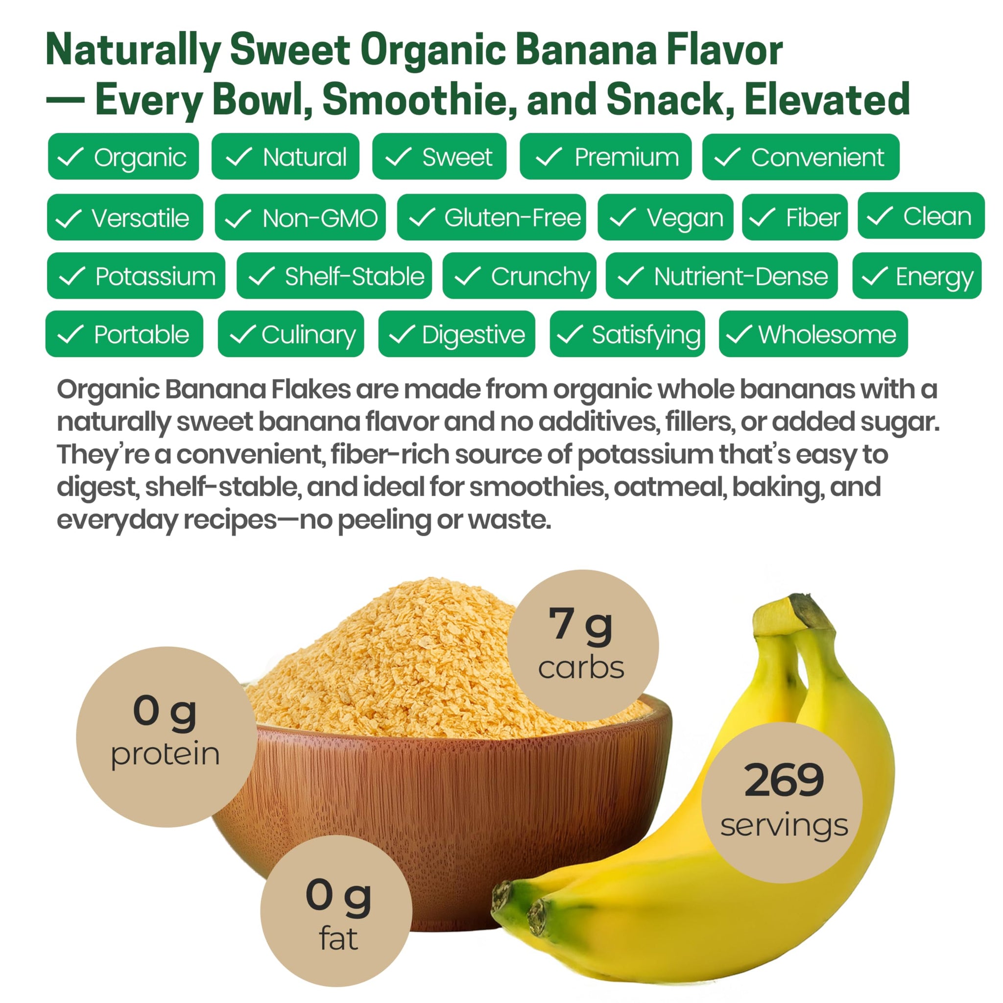 Z Natural Foods Organic Banana Flakes - Crisp Ripe Bananas for Potassium & Fiber Support, Digestive Health, Skin Glow - Natural Flavor & Dried Flake