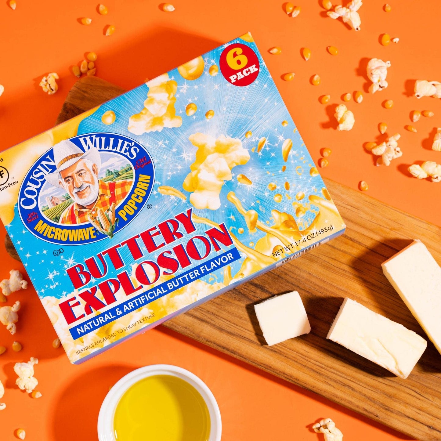 Cousin Willie's Microwave Popcorn Bags, Buttery Explosion (6 Bags), Gourmet Popcorn Boxes for Party, Whole Grain Popcorn, Gluten Free, Low Calorie