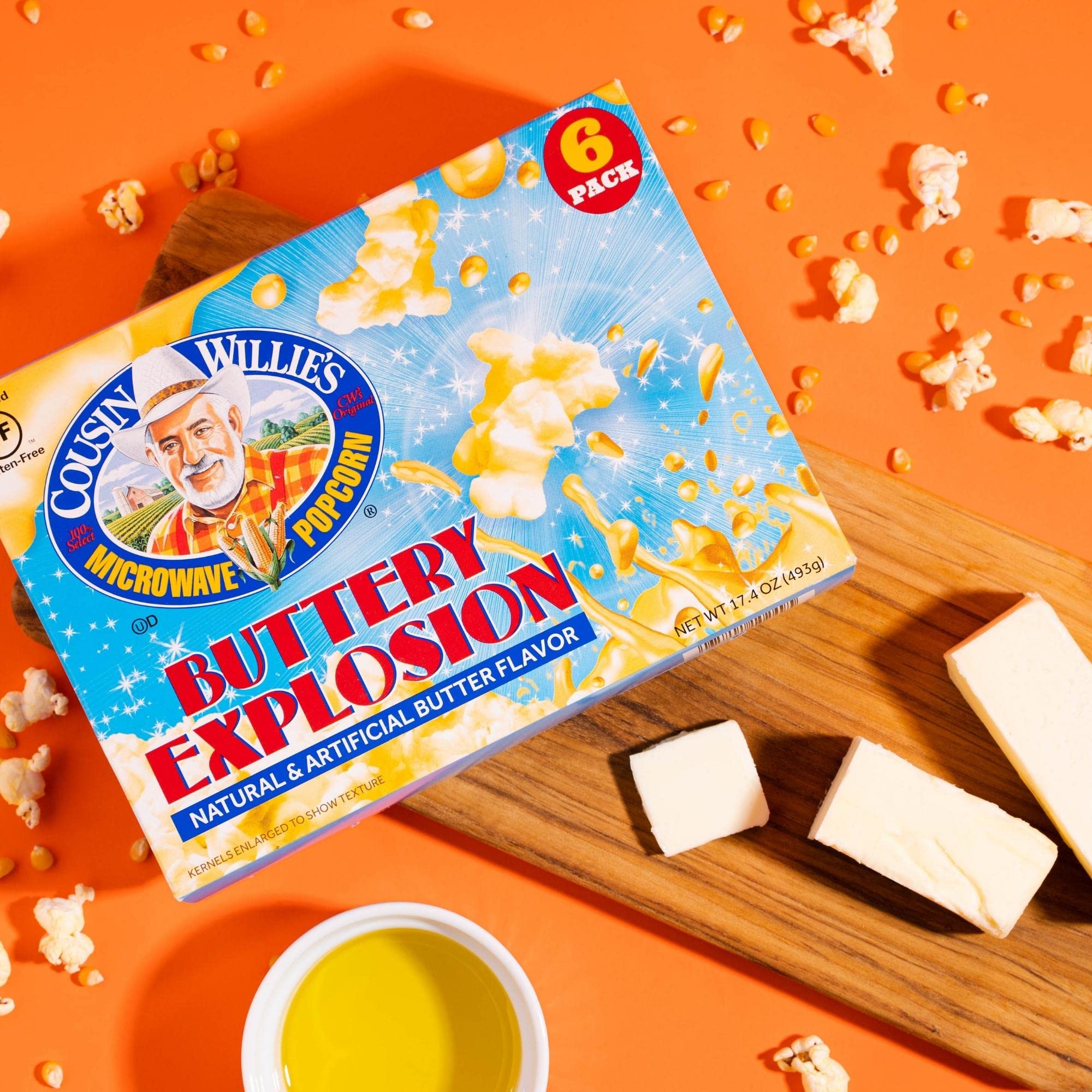 Cousin Willie's Microwave Popcorn Bags, Buttery Explosion (6 Bags), Gourmet Popcorn Boxes for Party, Whole Grain Popcorn, Gluten Free, Low Calorie