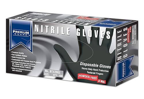 Premium Guard - Nitrile Gloves - Disposable, Powder Free, Latex Rubber Free, 5 mil, Black Nitrile Gloves, 100 gloves per Box, Size - Large