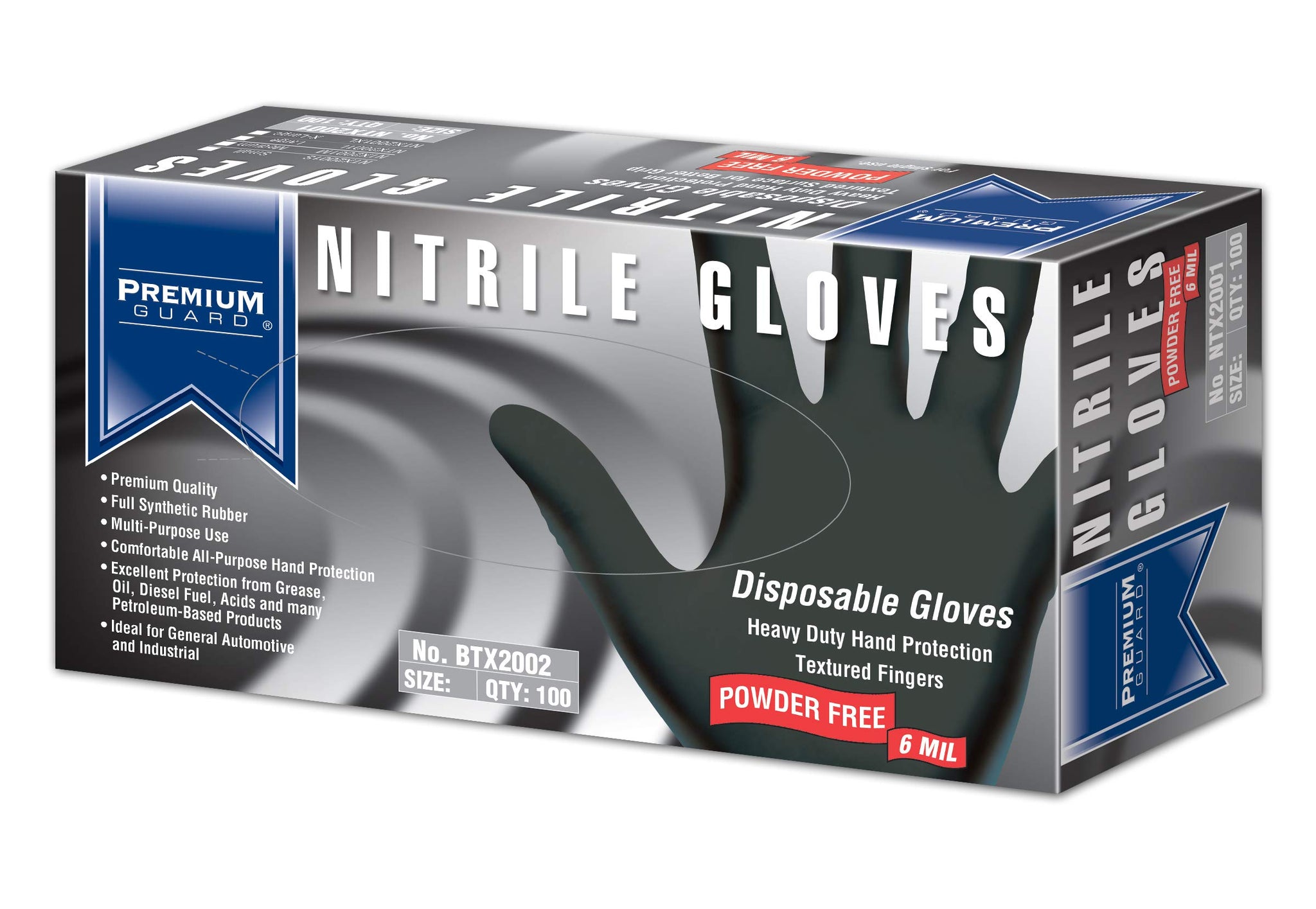 Premium Guard - Nitrile Gloves - Disposable, Powder Free, Latex Rubber Free, 5 mil, Black Nitrile Gloves, 100 gloves per Box, Size - Large