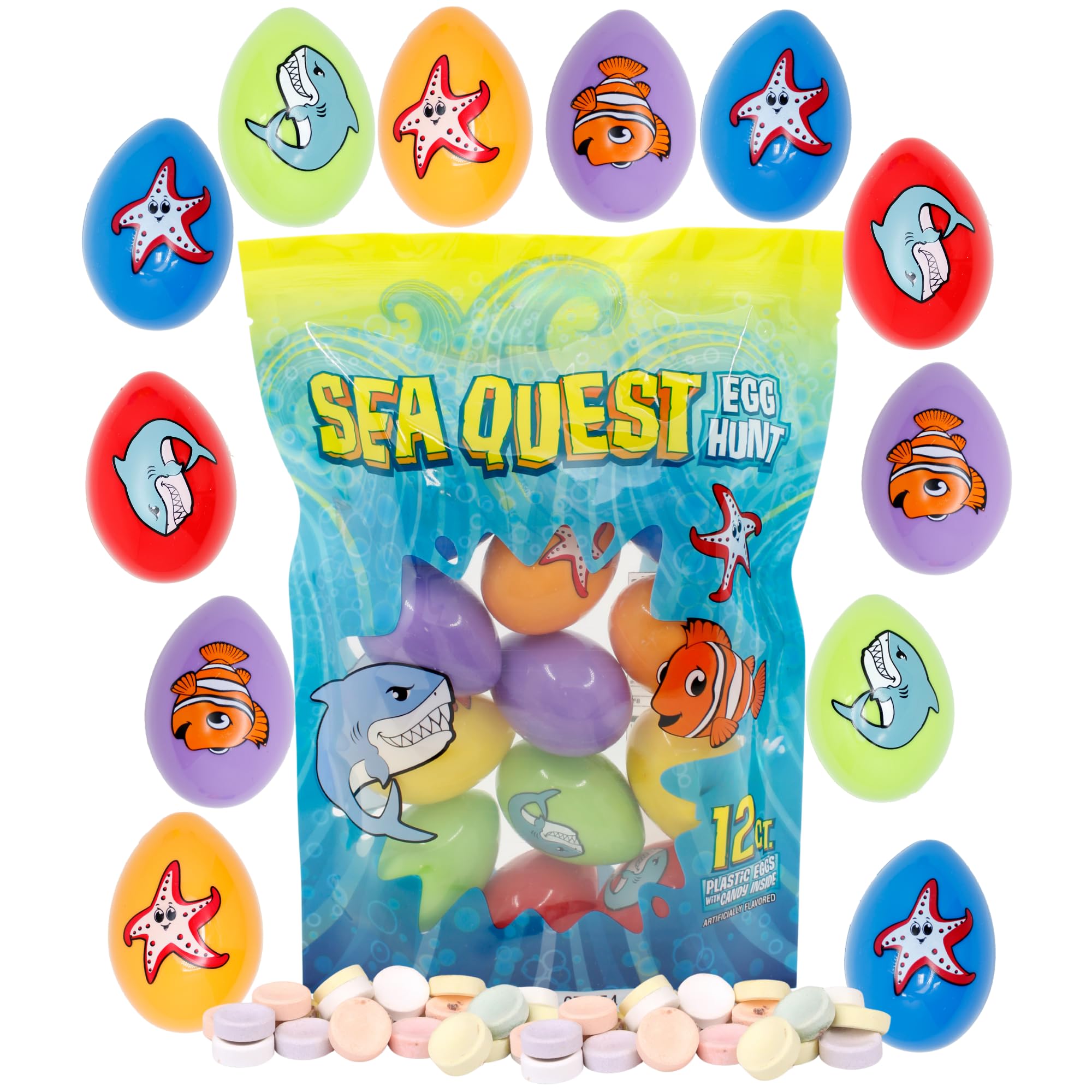 Pre-Filled Ocean Themed Easter Eggs with Candy, Sea Animal Themed Egg Hunt Supplies, 12 Total (Ocean)