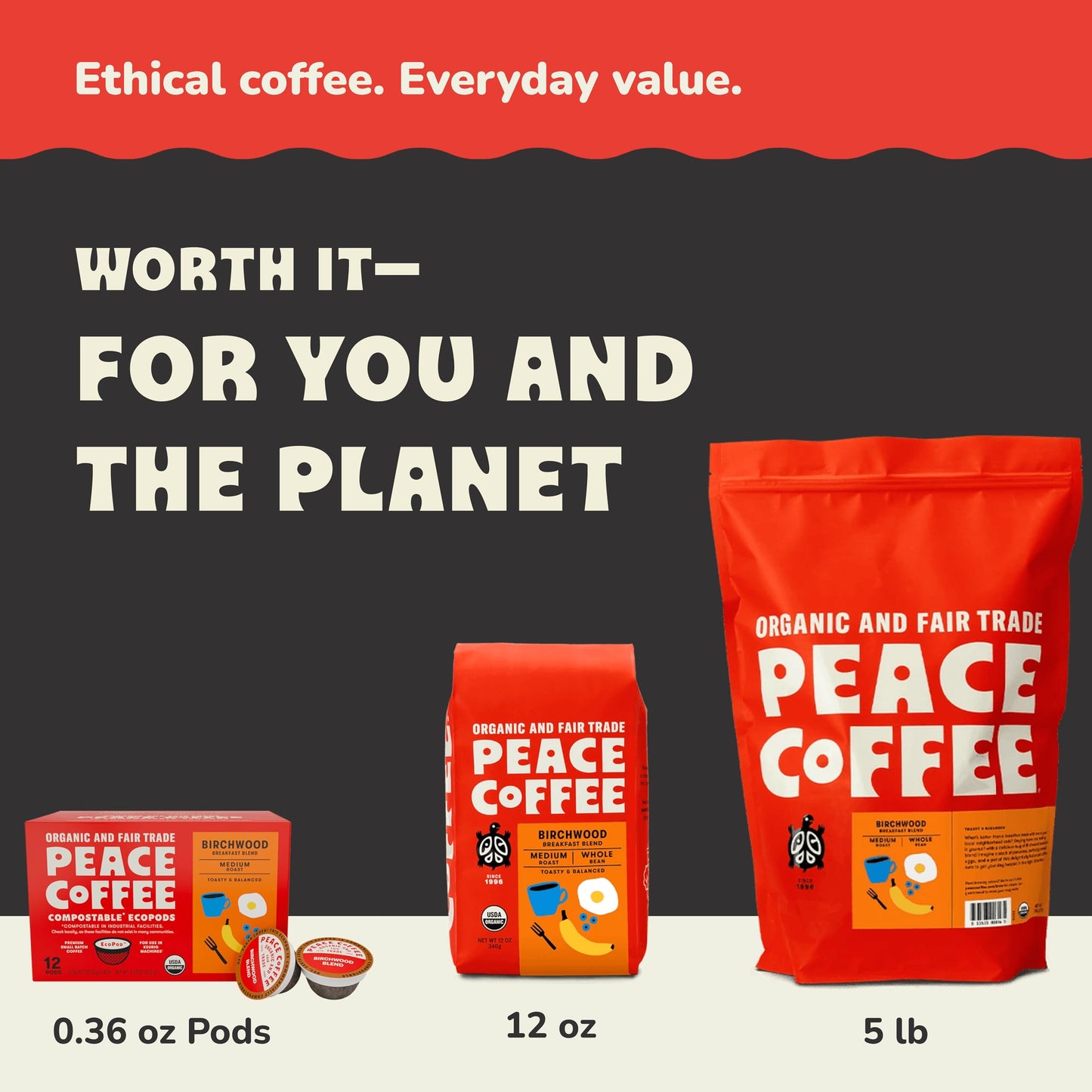 Peace Coffee Birchwood Breakfast Blend Ground Medium Roast Coffee, 12 oz, Pack of 3, Organic Fair Trade, Smooth, Mild Flavor, Shade Grown, Fresh