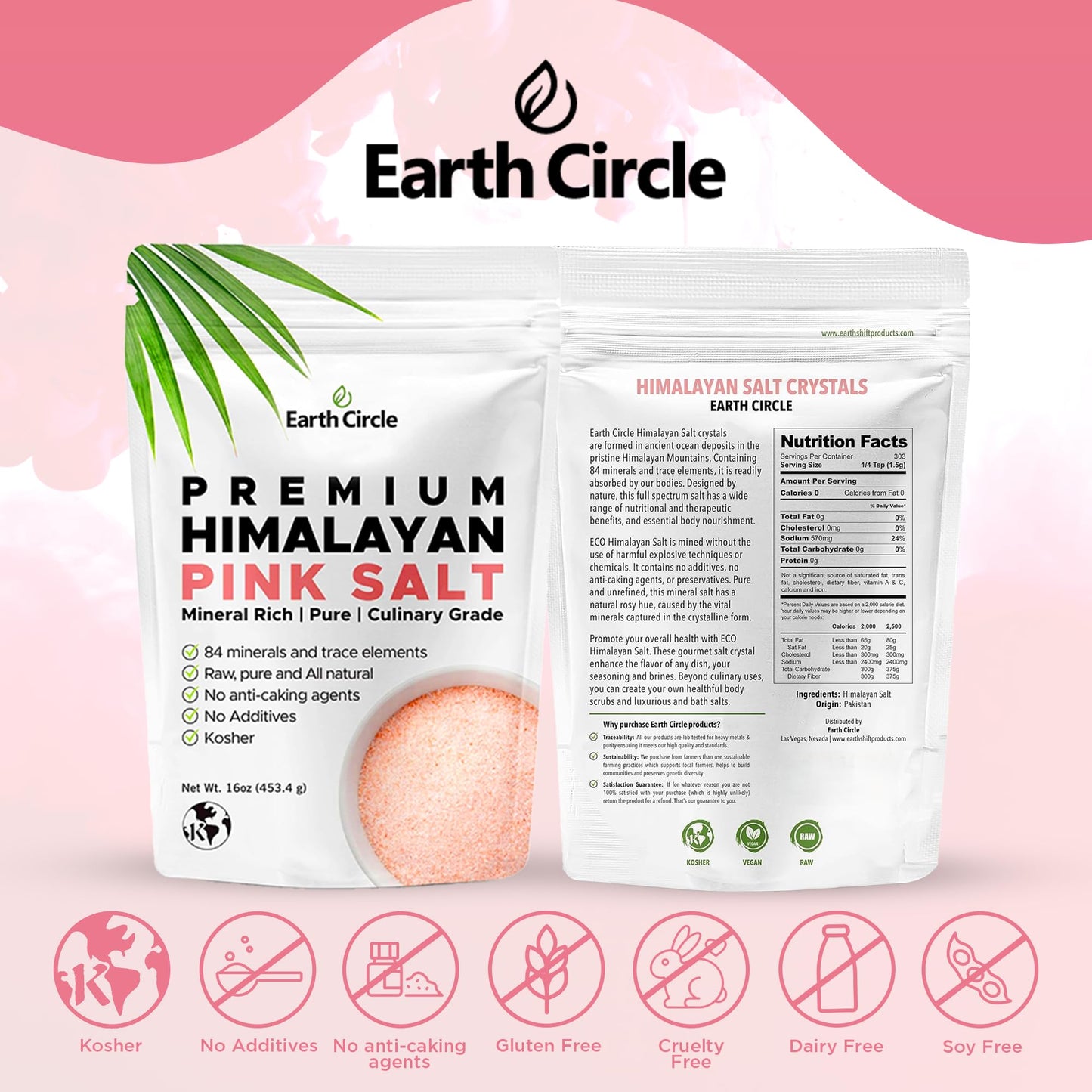 Earth Circle Premium Himalayan Unrefined Pink Fine Grain Salt, Pure Culinary Grade - Kosher, Nutrient and Mineral Dense, 1 Pound (Pack of 3)