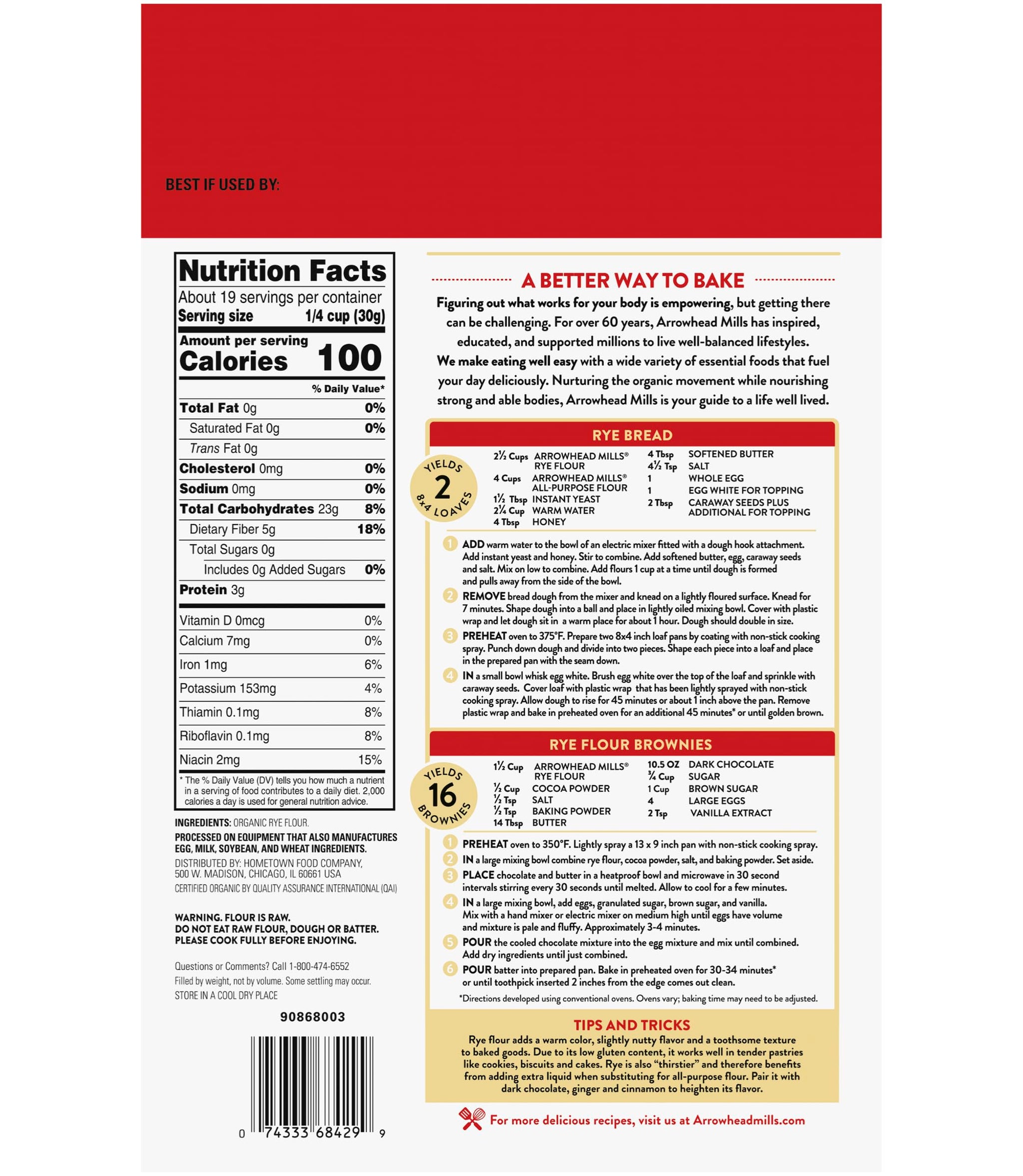 Arrowhead Mills Organic Rye Flour, 20 oz (3 Pack)