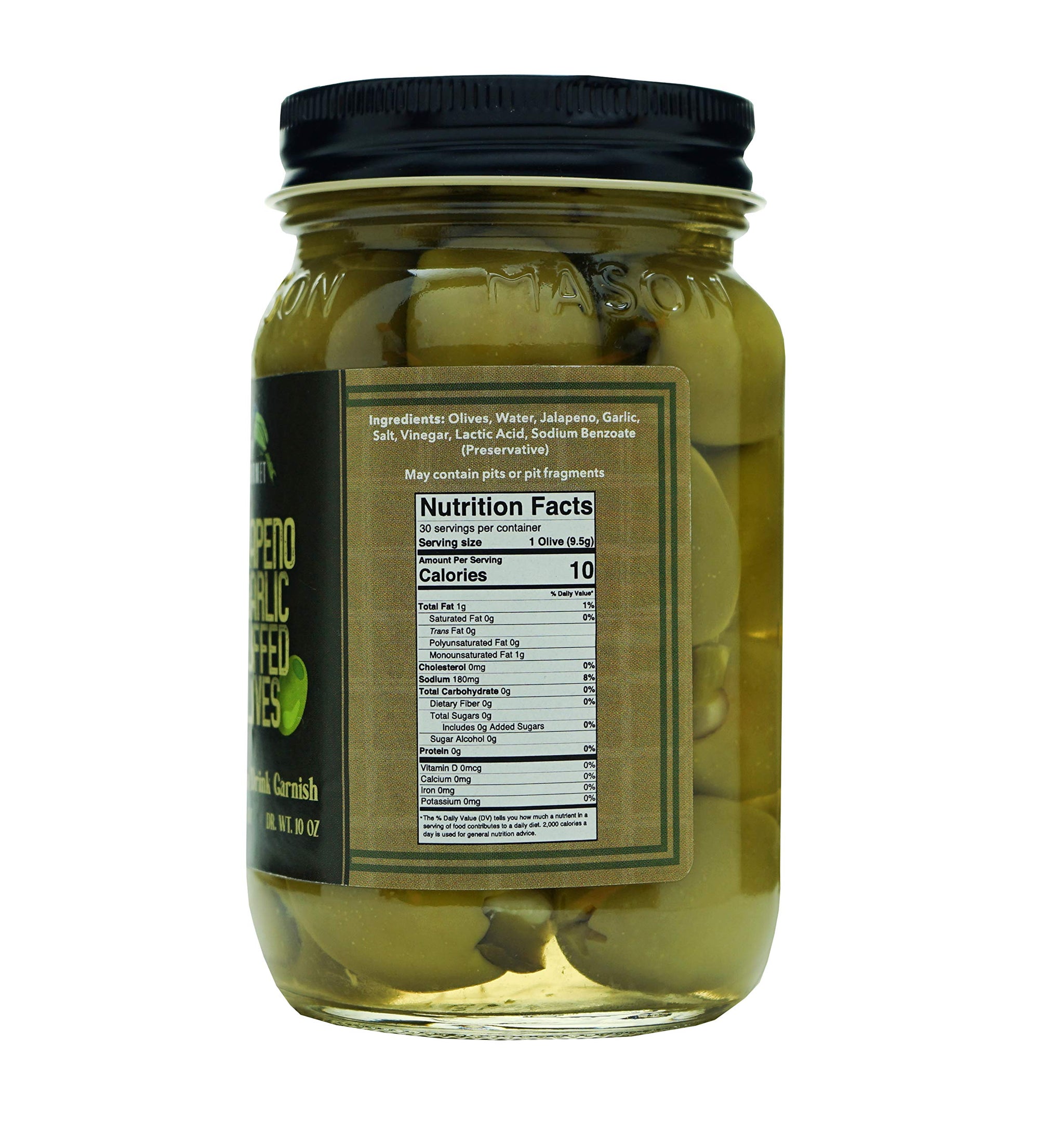 Green Jay Gourmet Double Stuffed Olives - Jalapeno & Garlic Stuffed Green Olives for Cocktail Garnish & Cheese Board - Dirty Martini Olives - Gourmet