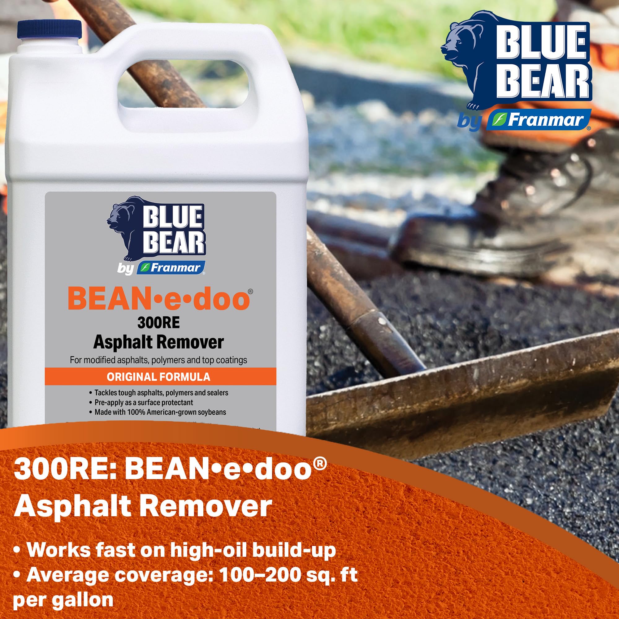 Blue Bear® 300RE BEAN•e•doo Asphalt Remover - Soy-Based, Biodegradable Cleaner & Protectant - Removes Tough Asphalt, Polymers, Sealers, Top Coatings