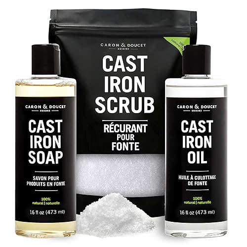 CARON & DOUCET - Ultimate Cast Iron Set PLUS: Seasoning Oil, Cleaning Soap & Restoring Scrub | 100% Plant-Based & Best for Cleaning Care, Washing