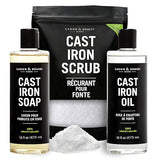 CARON & DOUCET - Ultimate Cast Iron Set PLUS: Seasoning Oil, Cleaning Soap & Restoring Scrub | 100% Plant-Based & Best for Cleaning Care, Washing