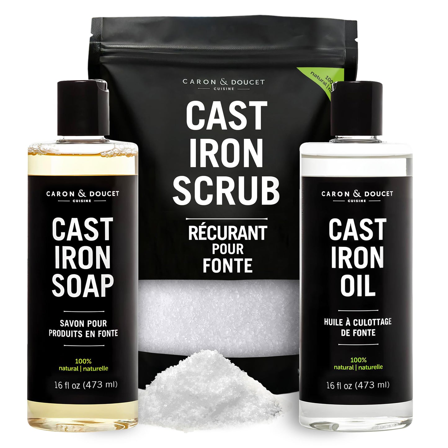 CARON & DOUCET - Ultimate Cast Iron Set PLUS: Seasoning Oil, Cleaning Soap & Restoring Scrub | 100% Plant-Based & Best for Cleaning Care, Washing