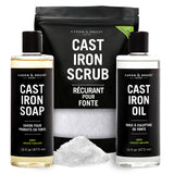 CARON & DOUCET - Ultimate Cast Iron Set PLUS: Seasoning Oil, Cleaning Soap & Restoring Scrub | 100% Plant-Based & Best for Cleaning Care, Washing