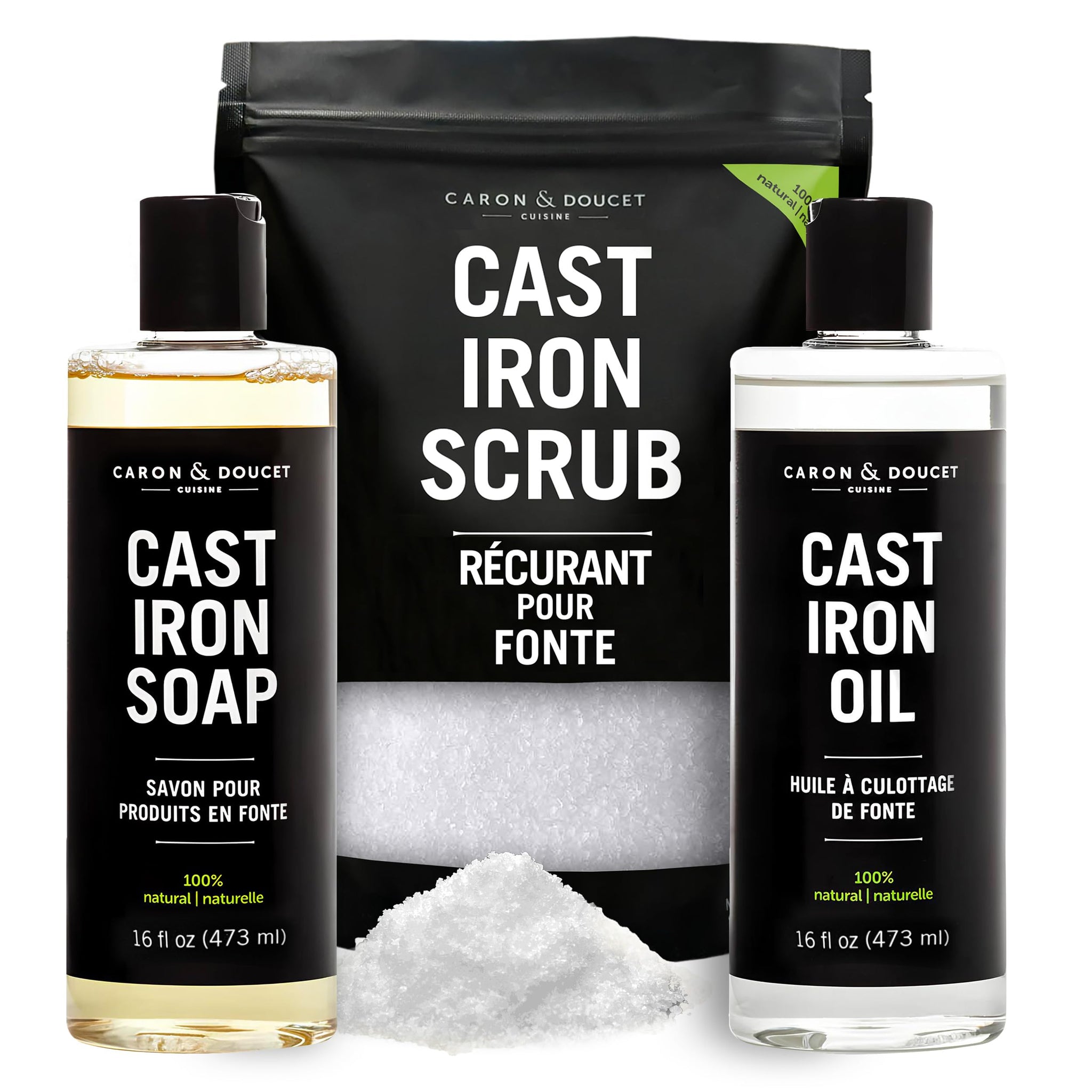 CARON & DOUCET - Ultimate Cast Iron Set PLUS: Seasoning Oil, Cleaning Soap & Restoring Scrub | 100% Plant-Based & Best for Cleaning Care, Washing