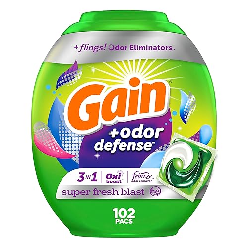 Gain Flings Laundry Detergent Pacs with Odor Defense, 102 Count, Super Fresh Blast Scent, HE 3in1 Detergent Pacs with Febreze and Oxi
