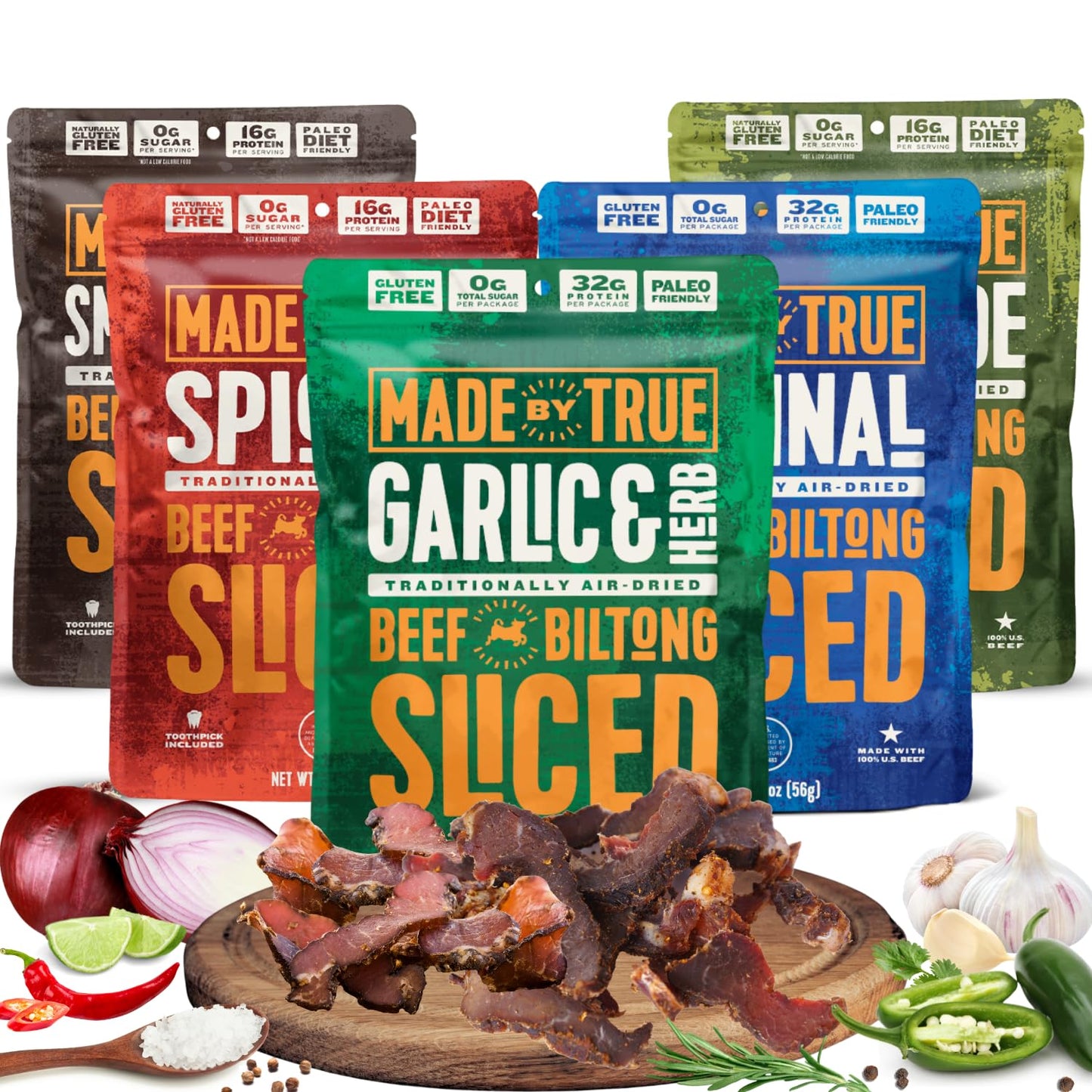 Made by True Beef Sliced Bites Ultimate Variety (2 Ounce, Pack of 5) - All Natural, Zero-Sugar True Jerky Biltong - High Protein, Keto, Paleo & Whole