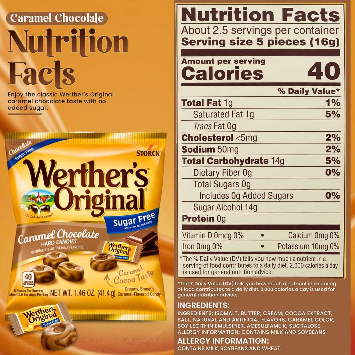 Werthers Original Sugar Free Hard Candy Assortment - Caramel, Chocolate & Coffee Flavors - Pack of 4 (1.46 oz) - Individually Wrapped Zero Sugar