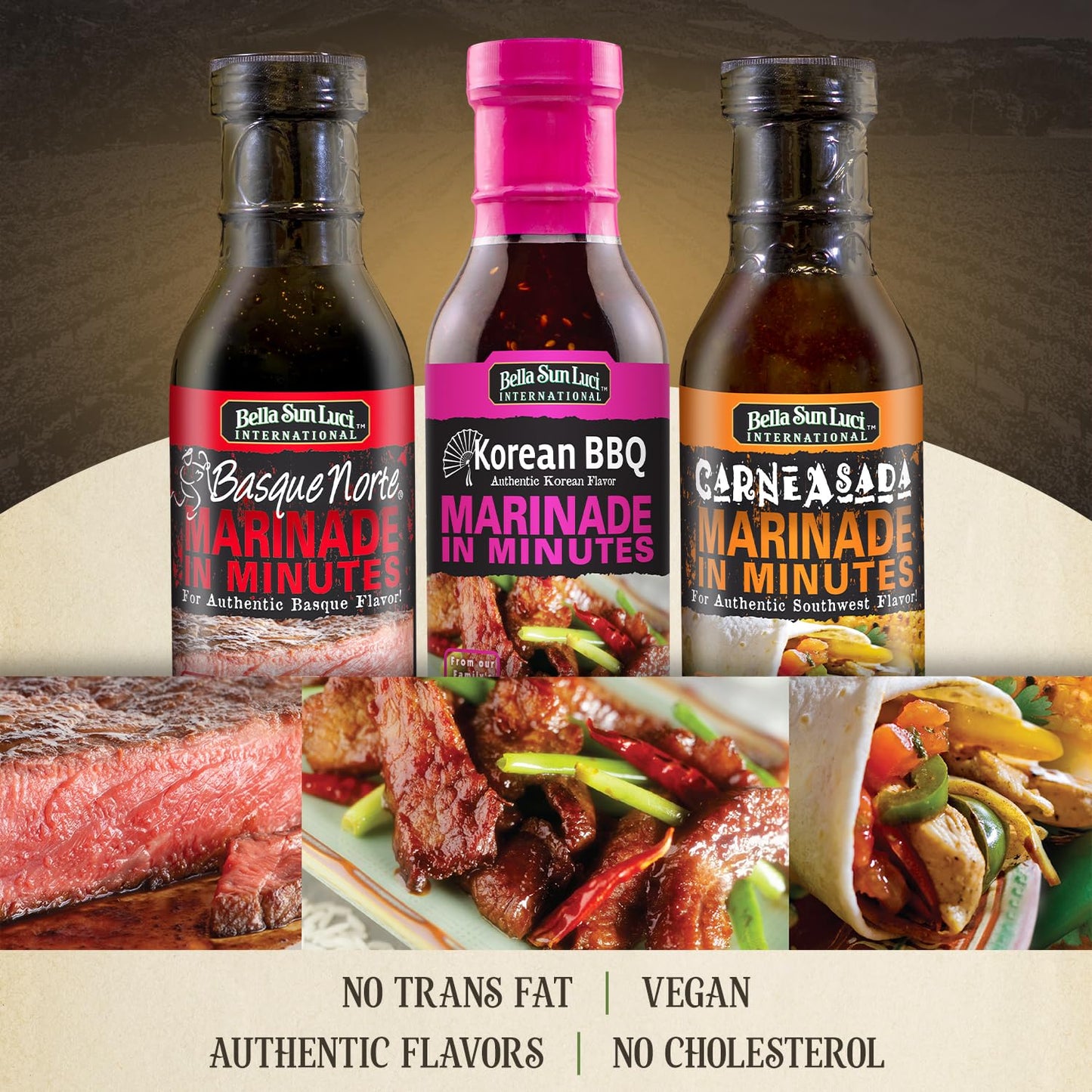 Bella Sun Luci Meat Marinade & Sauce, Bold Authentic Sauce for Beef, Pork, Poultry & Seafood, Ready-to-Use, Vegan, No Trans Fat, Gluten-Free (12oz