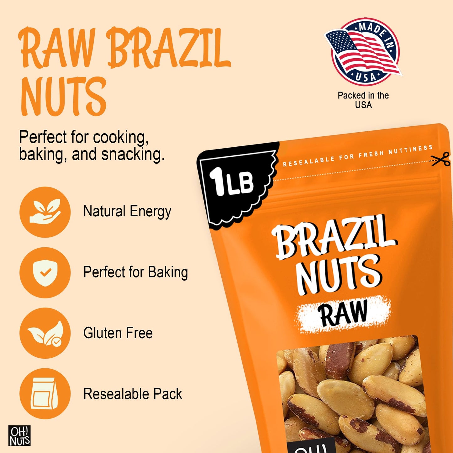 Oh! Nuts Brazil Nuts, Raw, Unsalted, No Shell, Whole - 1 lb in Resealable Bag - 100% Natural Nuts, Rich in Selenium - Vegan, Kosher, Gluten-Free Snack