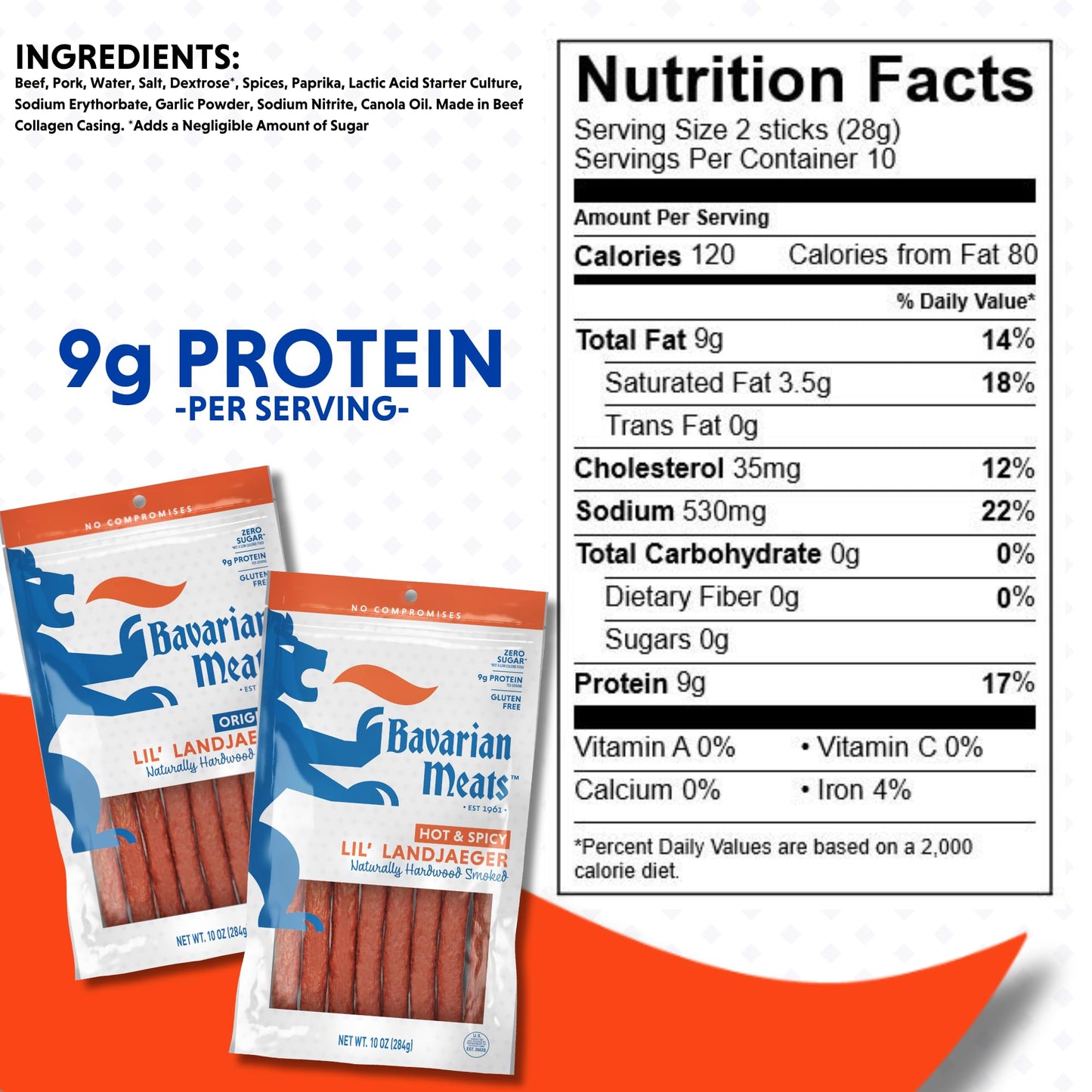 Bavarian Meats Lil' Landjaeger Meat Sticks, Smoked Sausage Protein Snacks, Zero Sugar, Great Source of Protein, Gluten Free, Keto Friendly Low Carb