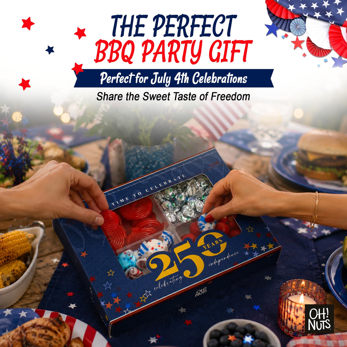 Oh! Nuts 4-Section Patriotic Candy 4th of July Gift Basket - America 250 Anniversary Freedom Day Mix - Cherry Sour Balls, Red Licorice Wheels