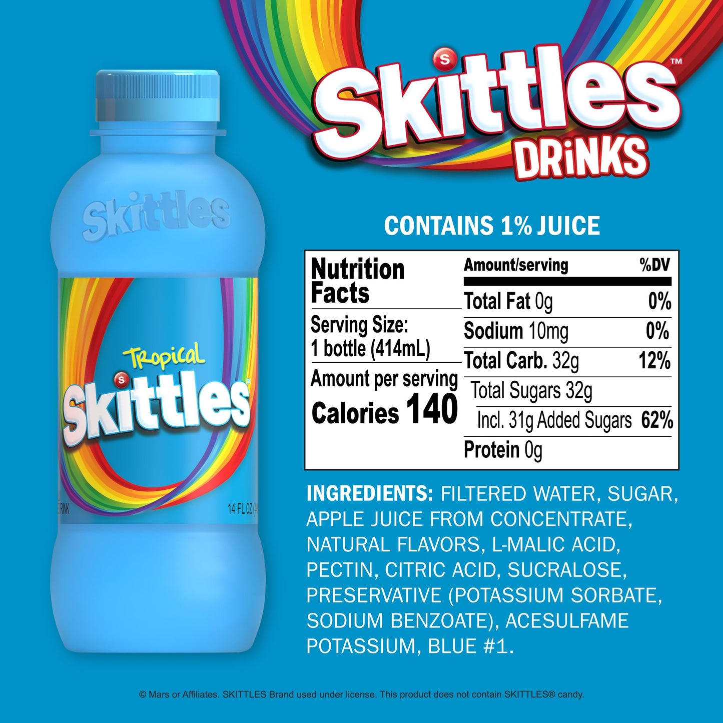 SKITTLES™ Candy Flavored Drink - Tropical Flavor | Bulk Candy Drinks with Fruity Flavors | 12 Fl oz. Bottles, Pack of 12
