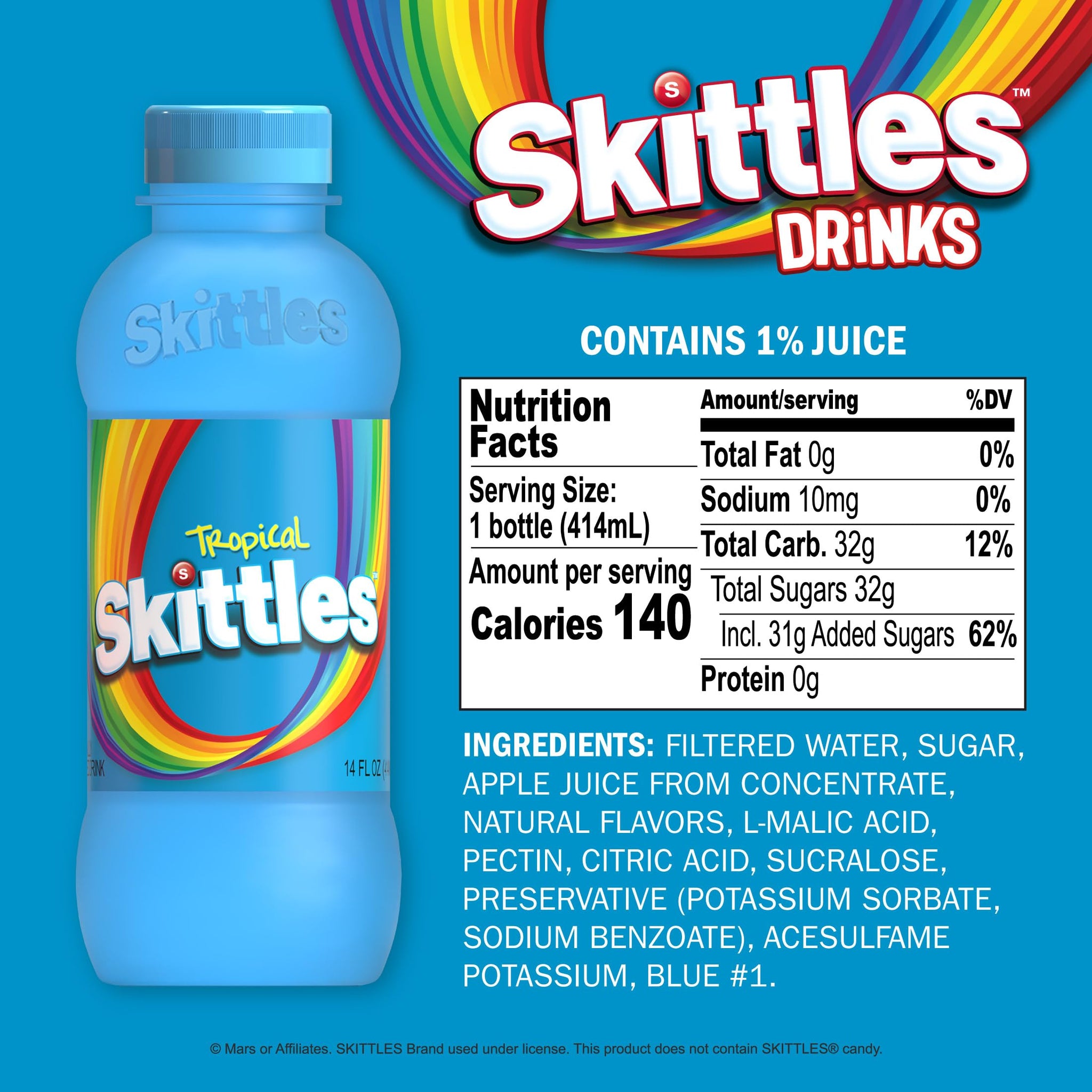 SKITTLES™ Candy Flavored Drink - Tropical Flavor | Bulk Candy Drinks with Fruity Flavors | 12 Fl oz. Bottles, Pack of 12