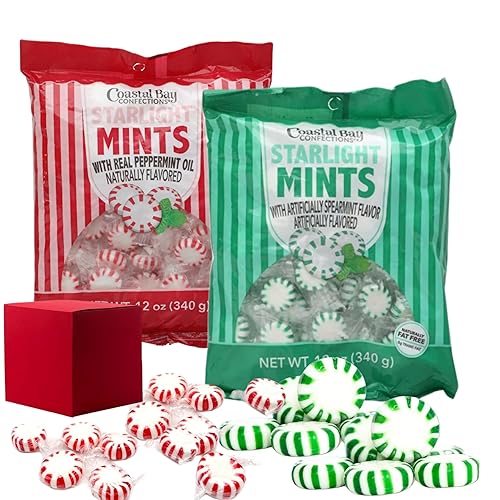 Coastal Bay Starlight Mints Spearmint and Peppermint Flavored Hard Candy (1 Pack Each) Bundled With A Joy Bringers Gift Box
