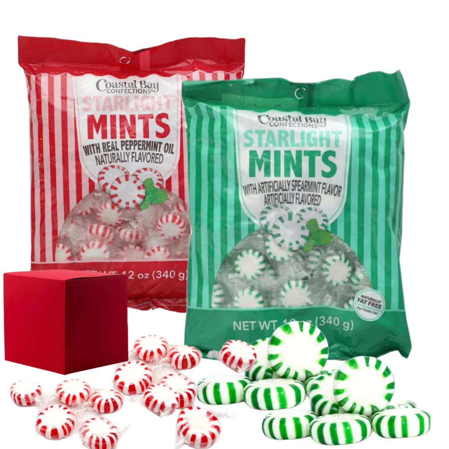 Coastal Bay Starlight Mints Spearmint and Peppermint Flavored Hard Candy (1 Pack Each) Bundled With A Joy Bringers Gift Box