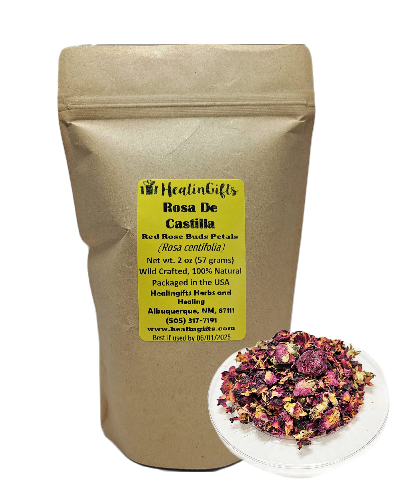 HealinGifts Rosa de Castilla Rose buds petals dried 2 oz in a Window Stand Up Zipper Resealable Kraft paper Pouch. Great aroma! Wildcrafted from