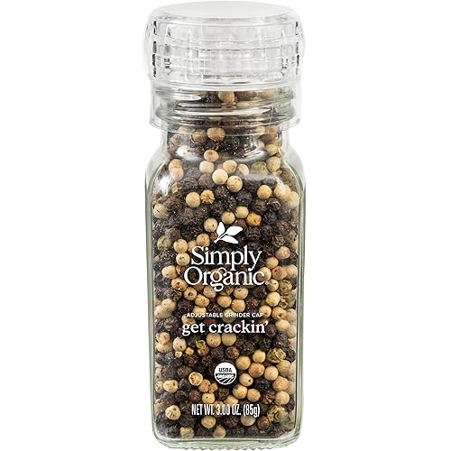 Simply Organic Whole Pepper Grinder, 3 Ounce Bottle, Blend of Black, White and Green Peppercorn for Complex Flavor