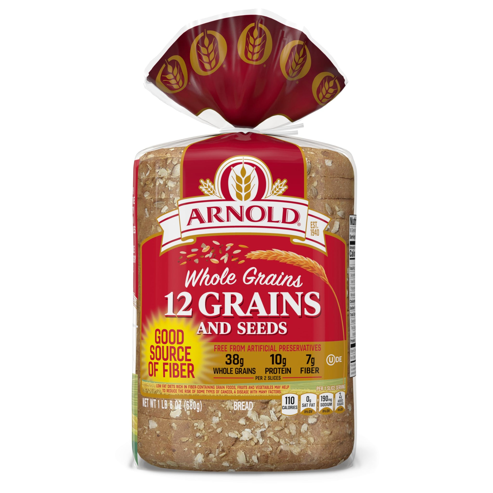 Arnold Whole Grains 12 Grains and Seeds Whole Grain Bread, Bread Free From Artificial Colors, Flavors and Preservatives, 24 oz Loaf