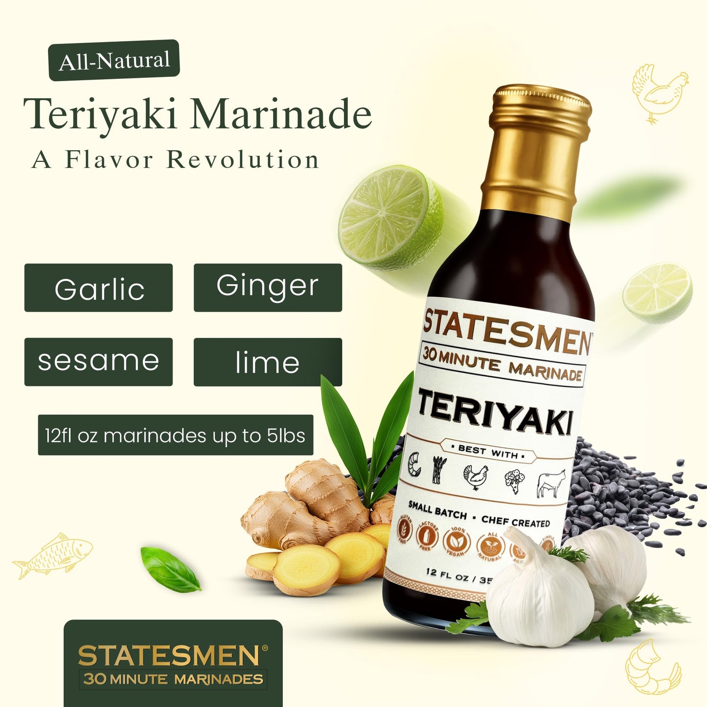 Statesmen Teriyaki 30 Minute Marinade, 12 oz - Gluten-Free, Vegan, Lactose-Free Japanese-Style Marinade for Chicken, Shrimp, Beef & Vegetables