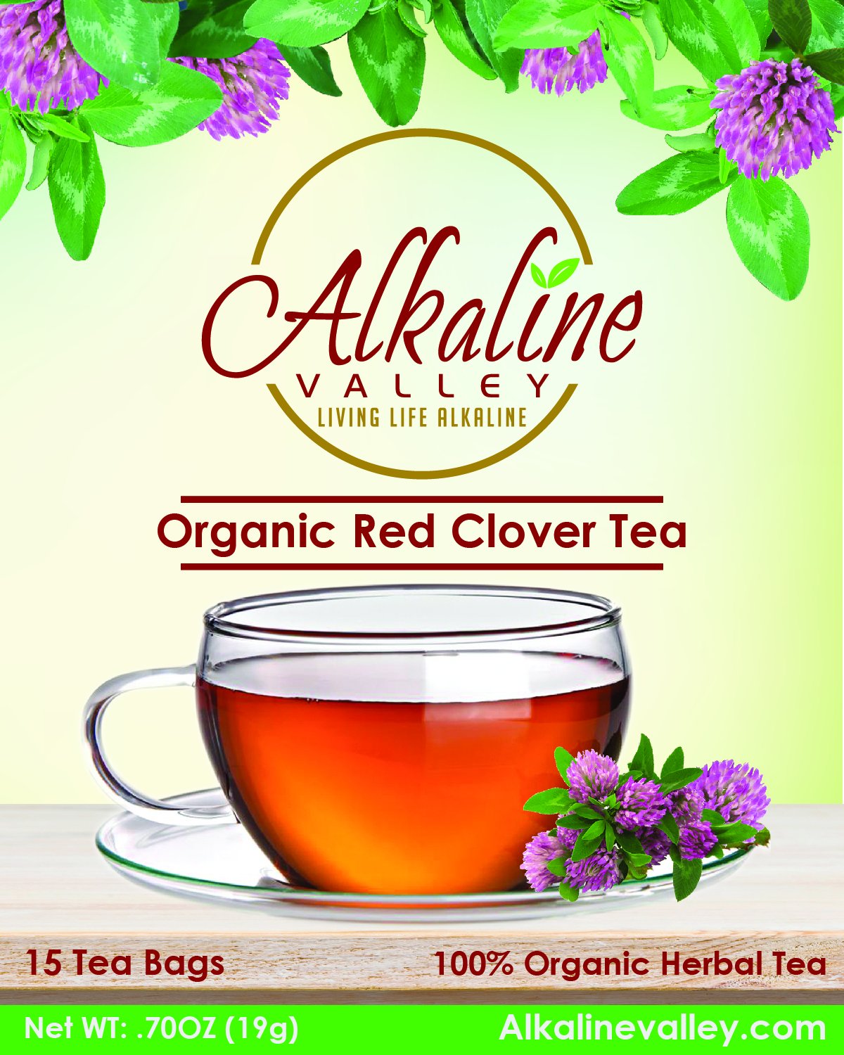 Organic Red Clover Tea - 100% Alkaline - 15 Unbleached/Chemical-Free Red Clover Tea Bags - Caffeine-Free, No GMO