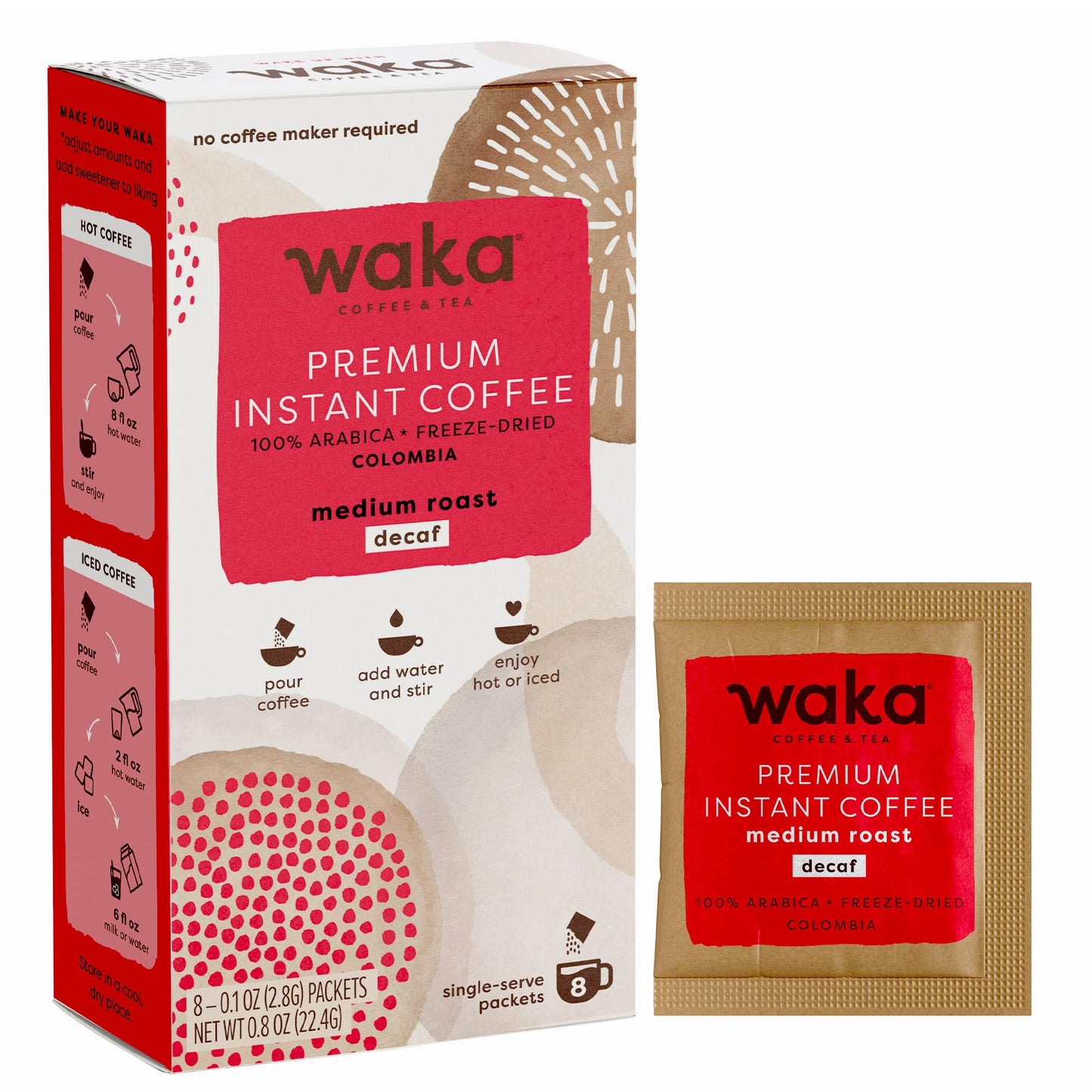 Waka Premium Decaf Instant Coffee Sachets - 100% Arabica Freeze Dried Beans - For Hot or Iced Coffee (8 Count, Decaf Medium Roast)