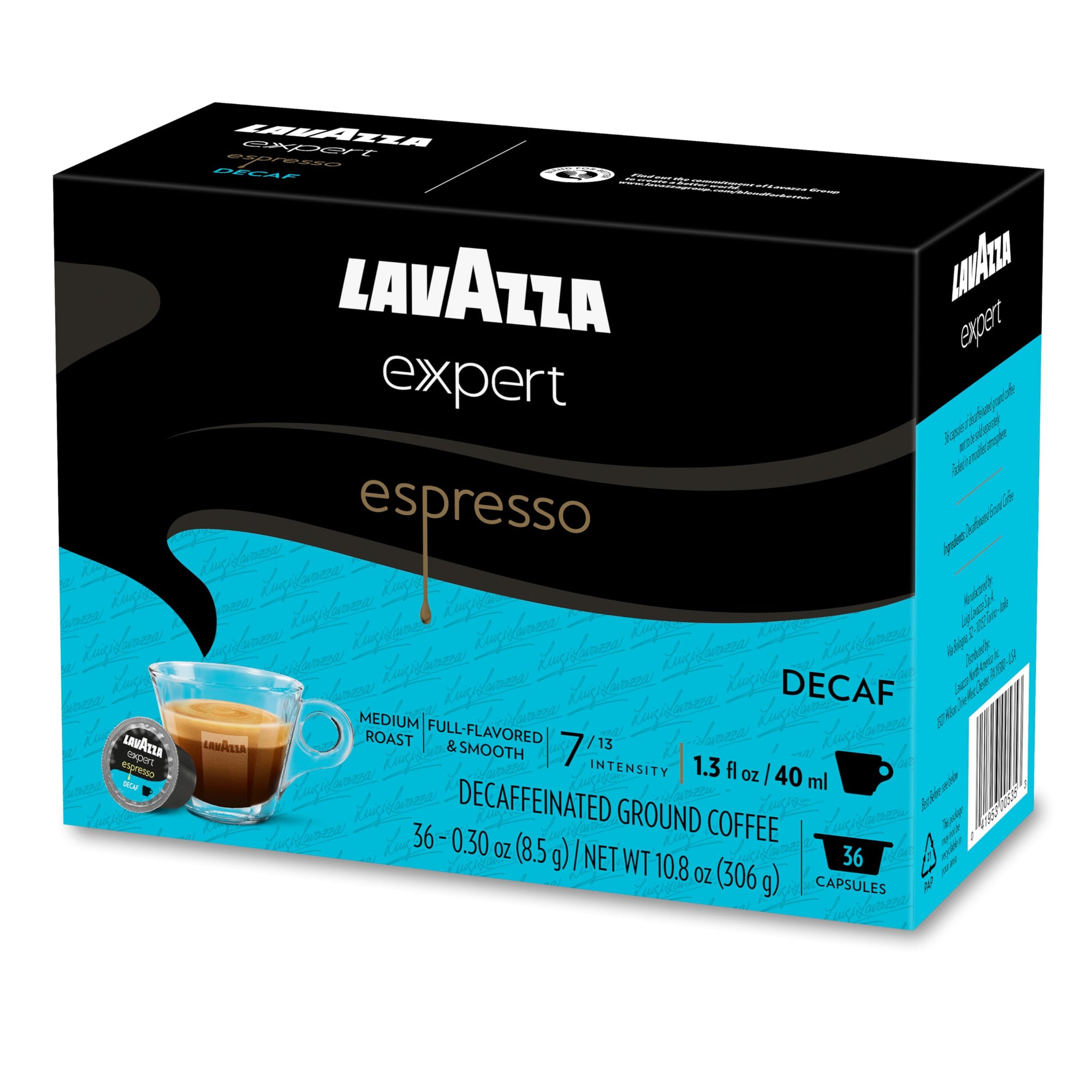 Lavazza Expert Espresso Decaf Capsules, Medium Roast, Arabica and Robusta Blend, Compatible with Lavazza Classy Machines (72 Capsules)
