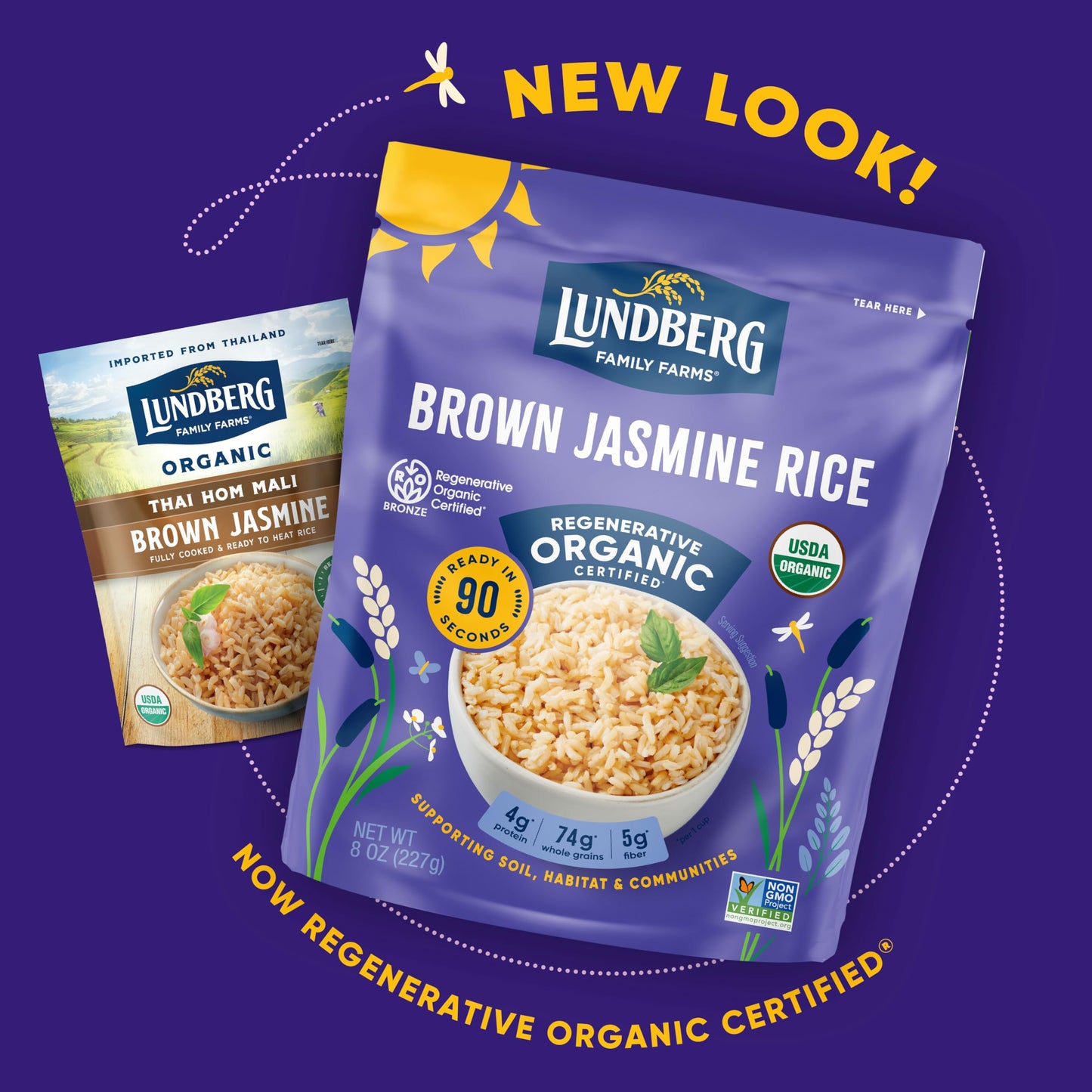 Lundberg Brown Jasmine Rice, Ready in 90 Seconds - RegenerativeOrganic Certified Long Grain Brown Rice, Microwavable, Fluffy, Non-Sticky, Aromatic Organic Rice, 8 Oz
