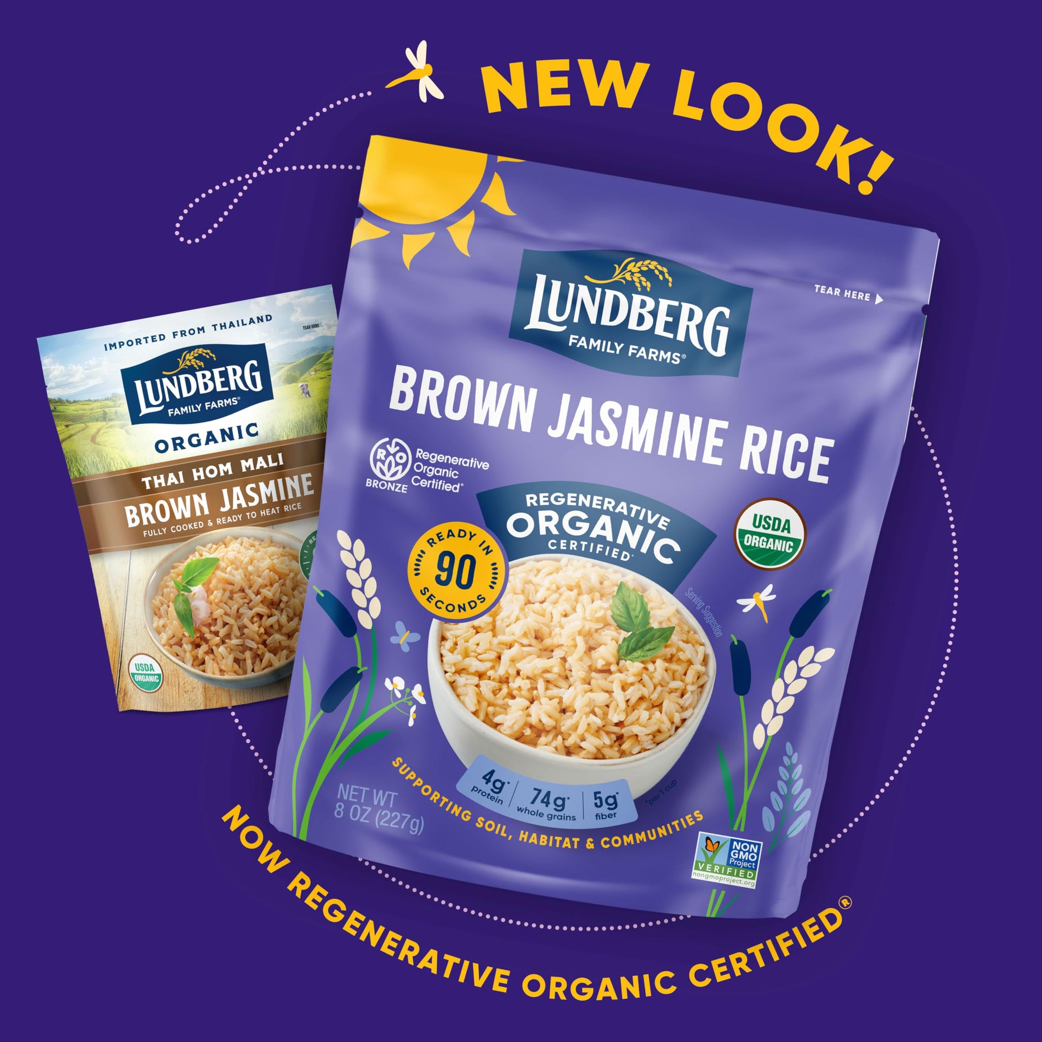 Lundberg Brown Jasmine Rice, Ready in 90 Seconds - RegenerativeOrganic Certified Long Grain Brown Rice, Microwavable, Fluffy, Non-Sticky, Aromatic Organic Rice, 8 Oz