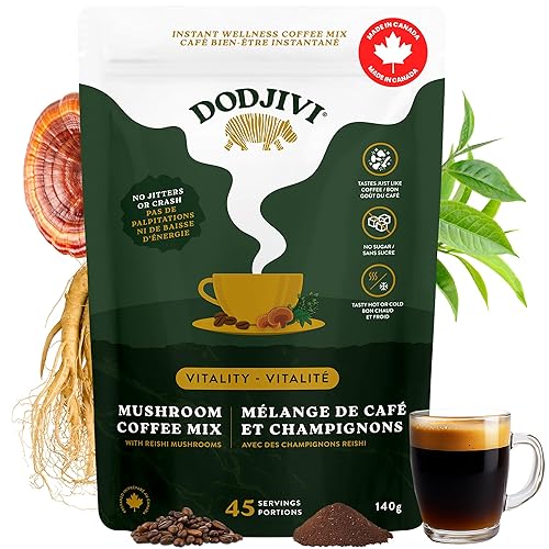 Dodjivi Organic Reishi Mushroom Coffee, Sustained Energy & Focus, Instant Coffee, Arabica with Adaptogenic Herbs, Sugar-Free, Vegan, Keto-Friendly