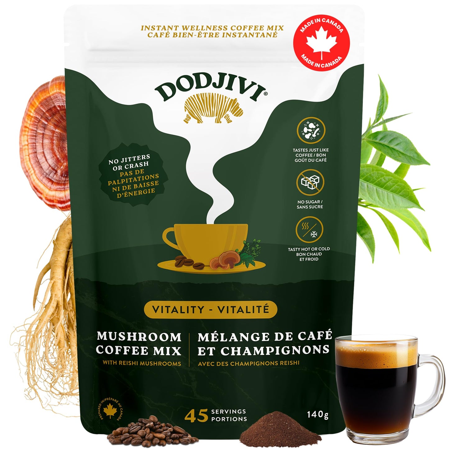 Dodjivi Organic Reishi Mushroom Coffee, Sustained Energy & Focus, Instant Coffee, Arabica with Adaptogenic Herbs, Sugar-Free, Vegan, Keto-Friendly