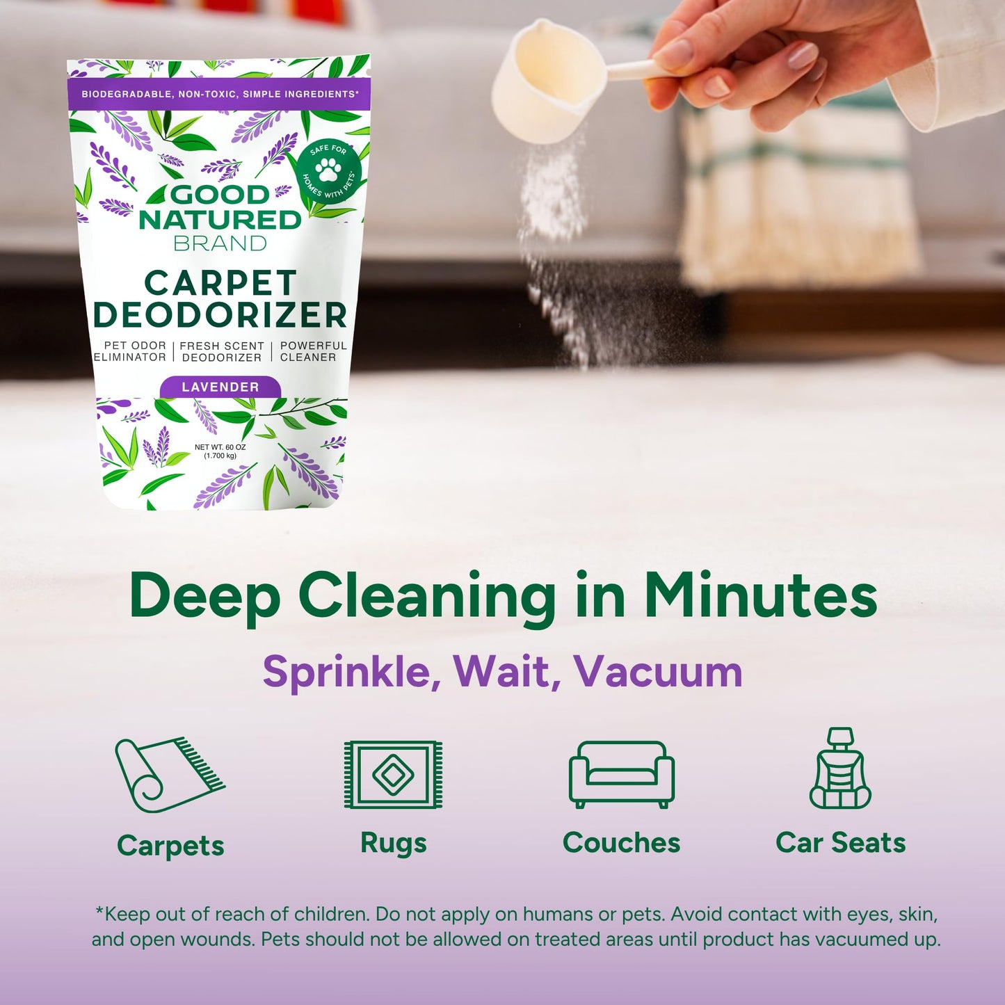 Good Natured Brand | Carpet Deodorizer & Freshener Powder | 60 oz Pet Odor Eliminator for Strong Odor & Pet Urine | Fresh Natural Lavender | Safe