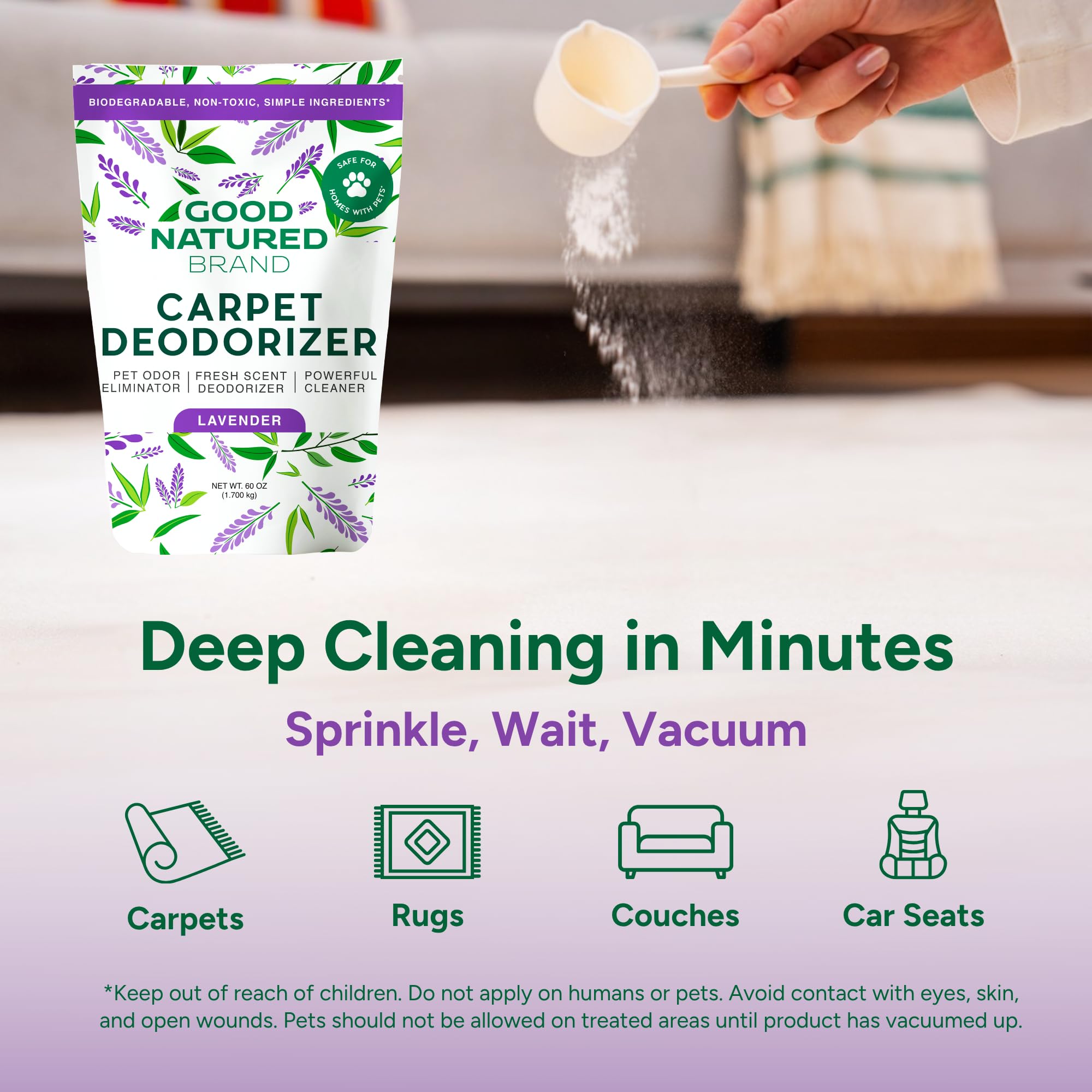Good Natured Brand | Carpet Deodorizer & Freshener Powder | 60 oz Pet Odor Eliminator for Strong Odor & Pet Urine | Fresh Natural Lavender | Safe